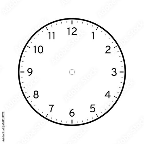 Empty printable clock face template isolated on white background