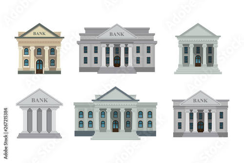Bank buildings icons set isolated on white background. Front view of court house, bank, university or governmental institution. Vector illustration. Flat design style. Eps 10.