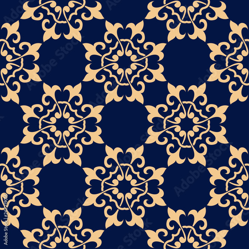 Dark blue seamless background with golden pattern. Arabic ornament