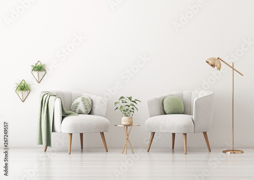 Living room interior wall mockup with two gray armchairs, round pillow with tropical pattern, green plaid, lamp, coffee table and plants on empty white wall background. 3D rendering, illustration.