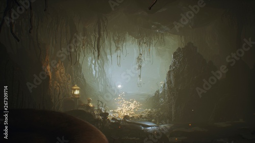 Ancient huge fantasy cave filled with ancient mushrooms and magical fog with dust. 3D Rendering