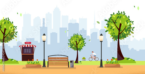 Summer park. Public park in the city with Street Cafe, Fast Food Restaurant against high-rise buildings silhouette. Landscape with cyclist,trees, lights, wood benches. Flat cartoon illustration