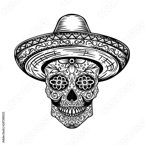 Mexican sugar skull in sombrero. Day of the dead theme. Design element for poster, t shirt, emblem, sign.