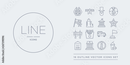 16 line vector icons set such as fast food, father's day, federalism, fifth avenue, flag day contains food truck, french fries, golden gate bridge, walk of fame. fast food, father's day, federalism