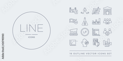 16 line vector icons set such as interim, investment trust, invisible hand, irrational exuberance, joint account contains keynesian economics, laissez-faire, leasehold, leveraged buyout. interim,