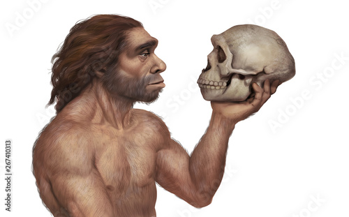 Illustration of Neanderthal Man Holding Neanderthal's Skull