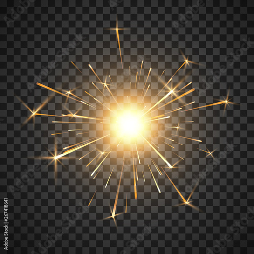 Bengal fire. Burning shiny sparkler firework. Realistic light effect. Party decor element. Magic light. Vector illustration isolated on transparent background