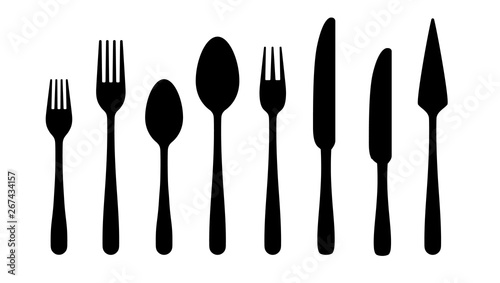Cutlery silhouettes. Fork spoon knife black icons, silverware silhouettes on white background. Vector cutlery set for serving illustration