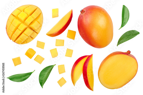 Mango fruit half with slices isolated on white background. Set or collection. Top view. Flat lay