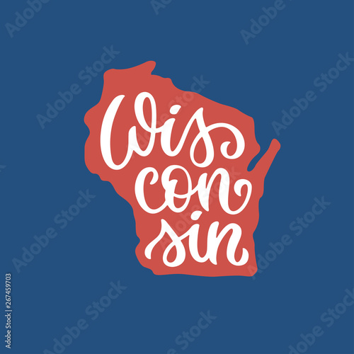 Wisconsin. Hand drawn USA state name inside state silhouette. Vector illustration.
