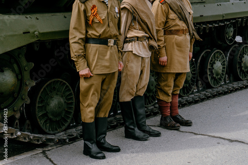 VERKHNYAYA PYSHMA, RUSSIA - 9 MAY 2019: The clothes of a Soviet soldier during the great Patriotic war with fascist 1941-1945, boots and puttees