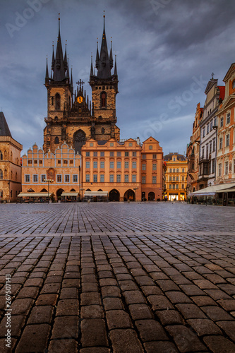 Tyn Church in Prague overlooking the cobblestone square in front of it