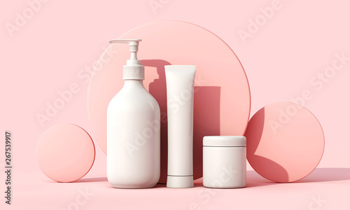 Blank white cosmetic skincare makeup containers. 3D Render