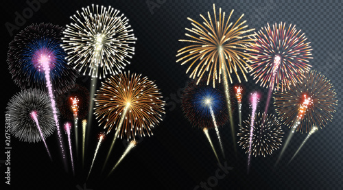 Two groups of isolated fireworks. Vector illustration.