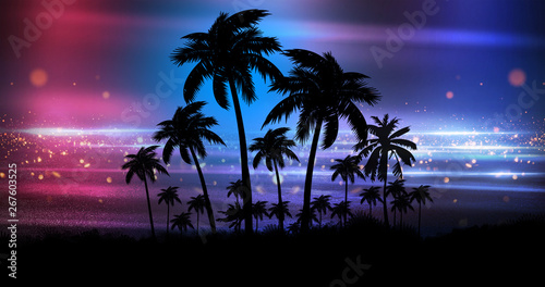 Kosmiczny futurystyczny krajobraz. Neonowe palmy, liście tropikalne.