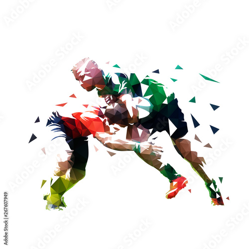 Rugby players, isolated low polygonal vector illustration. Two rugby players are running towards each other