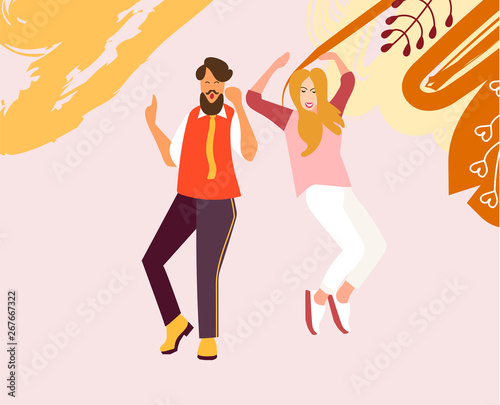 Dancing young people. A man and a woman dance and move to the music at a party, festival or carnival. Joyful emotions. Vector illustration