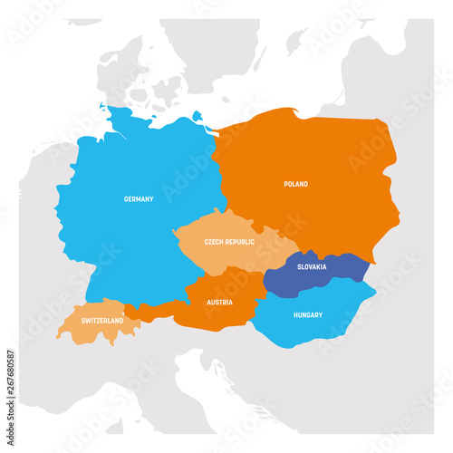 Central Europe Region. Map of countries in central part of Europe. Vector illustration