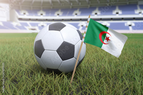 Algerian flag in stadium field with soccer football