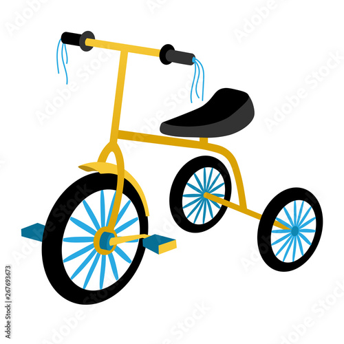 Children's tricycle with blue and yellow colors and tassels on the steering wheel. Toy bike for kids isolated on white background. Flat style vector illustration.