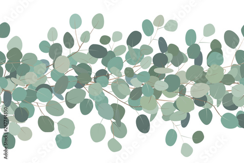Elegant seamless border of a eucalyptus branches. Floral frame. Vector hand drawn illustration. White background.