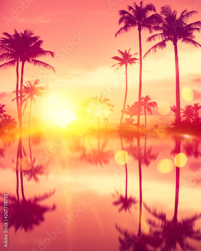 Water reflection tropical palm tree with colorful bokeh sun light on sunset sky cloud abstract background.