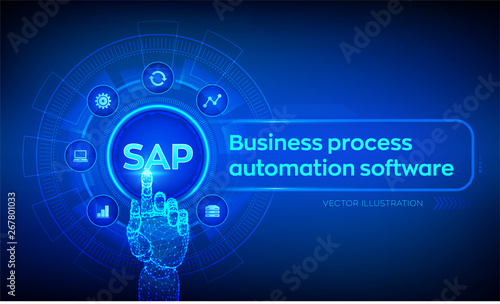 SAP Business process automation software. ERP enterprise resources planning system concept on virtual screen. Robotic hand touching digital interface. AI. Artificial intelligence. Vector illustration.
