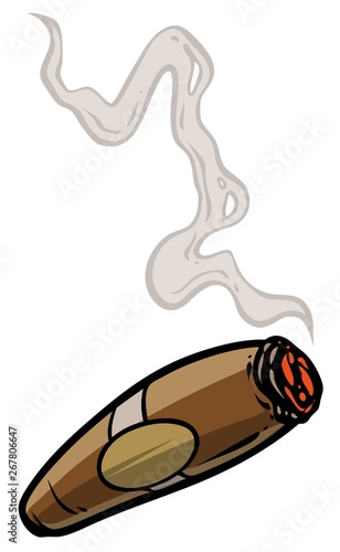 Cartoon lit cigar with smoke. Isolated on white background. Vector icon.