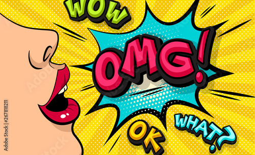 OMG! Pop art cloud bubble. Wow, what, ok, funny speech bubble. Trendy Colorful retro vintage background in pop art retro comic style. Illustration easy editable for Your design. Girl illustration.