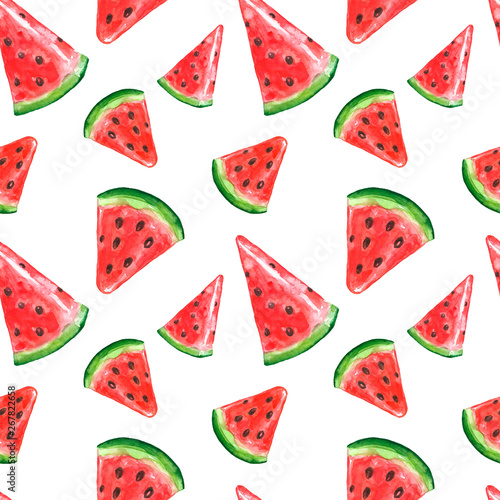 Watermelon slice seamless pattern. Summer ripe fruits background. Juicy fruit print.