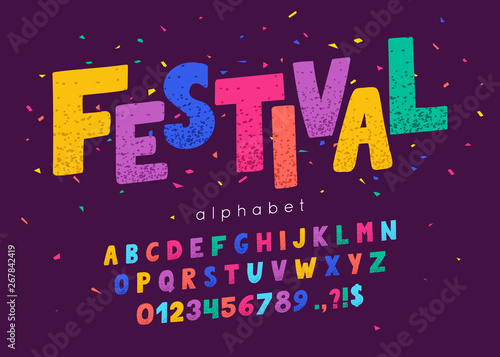Vector font and alphabet. Abc, english letters and numbers. Festival
