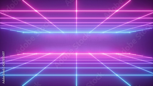 3d render, abstract neon background, virtual reality space, pink blue grid in ultraviolet spectrum, chart field, frontal perspective view