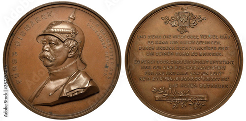 Germany German bronze medal 1897, subject Chancellor Bismarck as creator of German State, bust of Bismarck in pickelhaube 3/4th left, text in German,