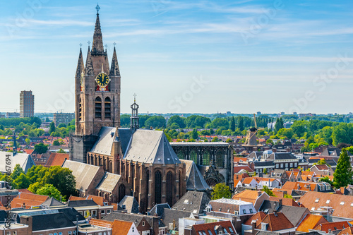 Aerial view of Oude Kerk church in Delft, Netherlands