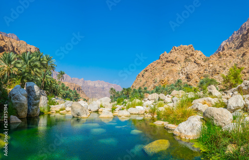 Lagoon with turqoise water in Wadi Tiwi in Oman.