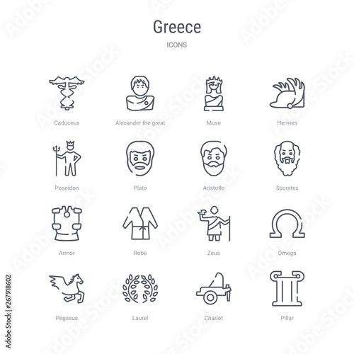 set of 16 greece concept vector line icons such as pillar, chariot, laurel, pegasus, omega, zeus, robe, armor. 64x64 thin stroke icons