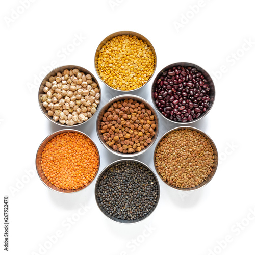 Chickpea, Red Lentil, Split Chickpea, Black gram, Black lentil, Garbanzo Beans, Horse Gram, Gahat Dal in steel bowel isolated on white background.