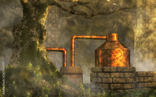 In a dense forest with moss covered trees, a bootlegger has constructed a moonshine still from stone, copper, and a couple of wooden barrels is for making illegal, back-woods whiskey. 3D Rendering 