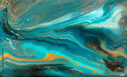 Blue marbling pattern. Golden marble liquid texture.