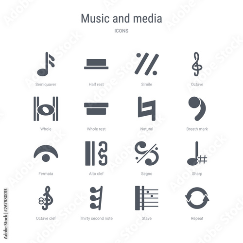 set of 16 vector icons such as repeat, stave, thirty second note rest, octave clef, sharp, segno, alto clef, fermata from music and media concept. can be used for web, logo, ui\u002fux