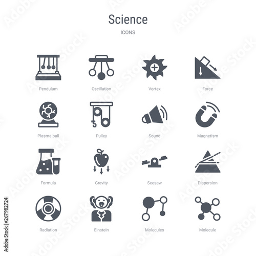 set of 16 vector icons such as molecule, molecules, einstein, radiation, dispersion, seesaw, gravity, formula from science concept. can be used for web, logo, ui\u002fux
