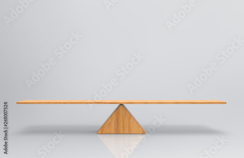 3d rendering. an empty blank wood balance scale on gray background.