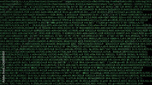 A wall made of thick obfuscated source code (computer program instructions), green characters over a black screen, old terminal style.