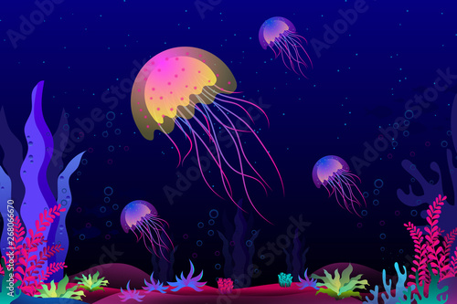 Jellyfish and coral under the sea background