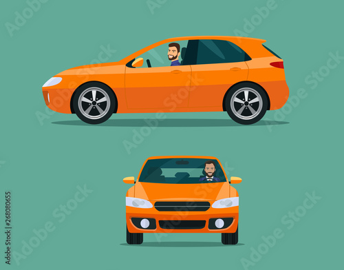 Orange hatchback car two angle set. Car with driver man side view