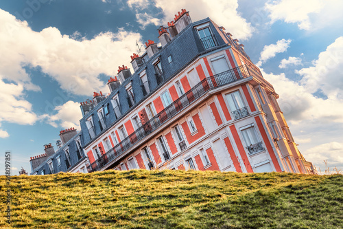 Crooked perspective on famous building from the Montmartre hill in Paris, France.