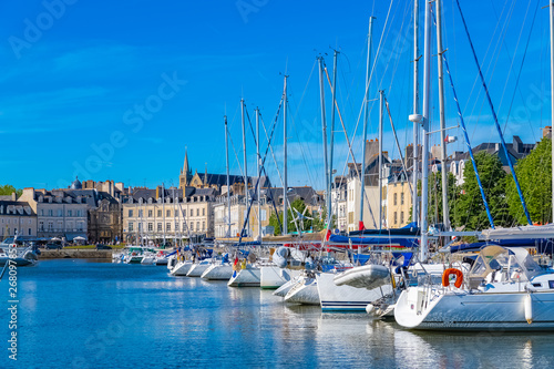 Vannes harbor, in the Morbihan, Brittany, boats in the marina, with typical houses and the cathedral in background 