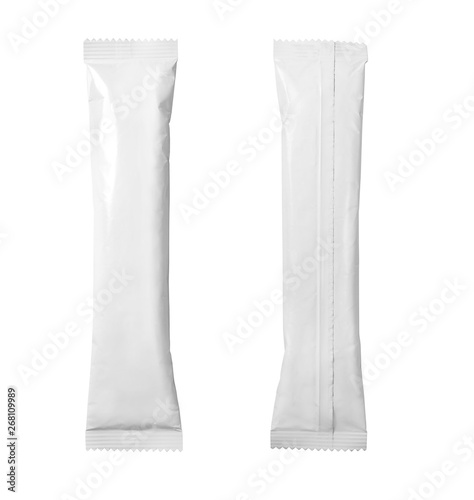 White blank sachet packaging isolated on white background with clipping path. Packaging for sugar, sweets, coffee and other products.