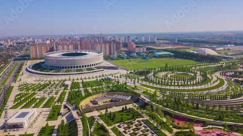 Krasnodar, Russia - May 2019: Aerial view of Krasnodar Stadium and the Galitsky park