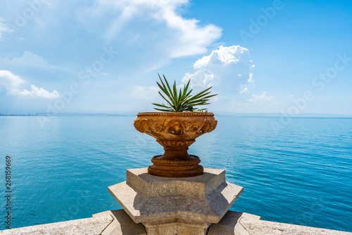 Beautiful balcony looking at the sea in summer from Miramare castle in Trieste Italy